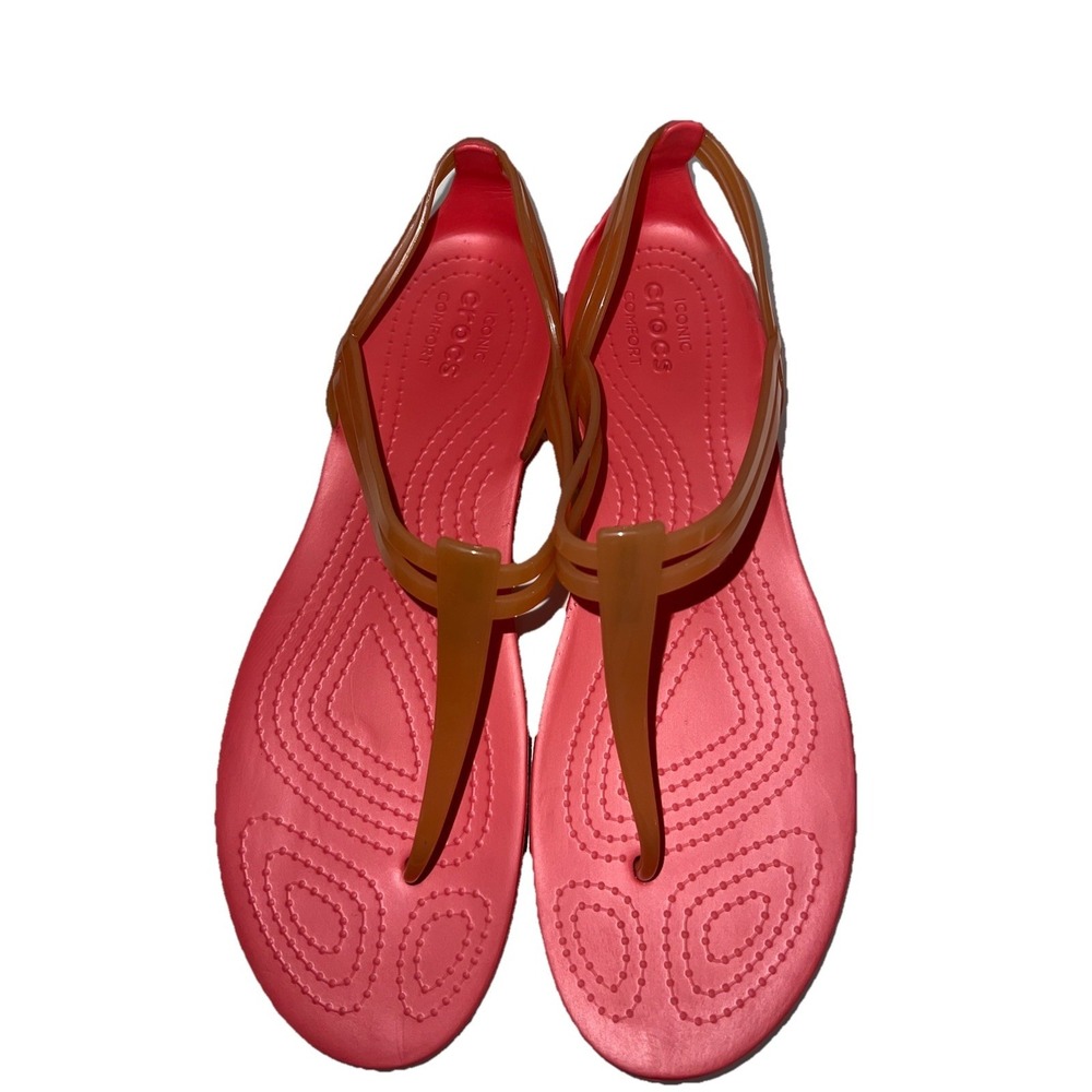 (b2/10)Crocs  Sandals Pink/Orange Jelly T Strap Strappy Slip On Flats Size 10